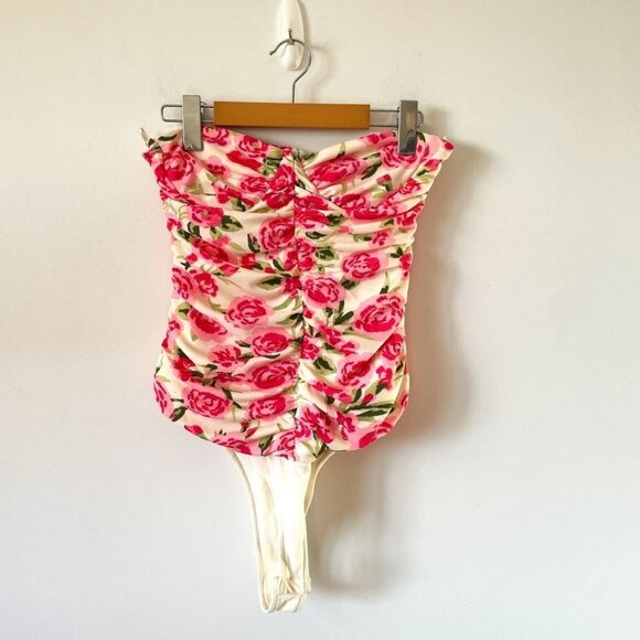 Zara  Draped Floral Strapless Bodysuit in Ivory & Pink Size Medium NWT - Picture 6 of 11